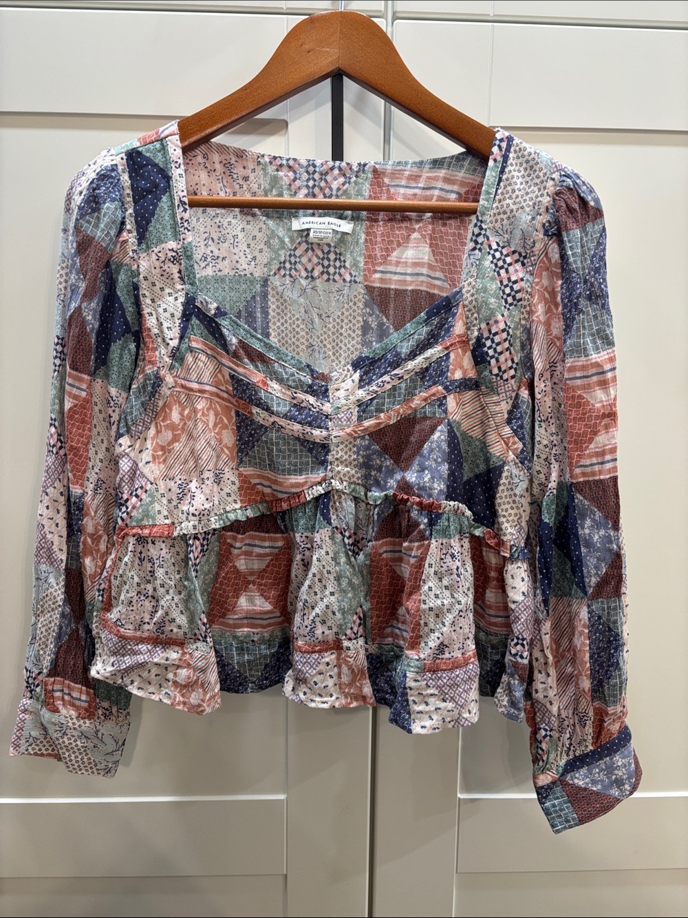 American eagle cotton Patchwork Peasant Blouse - Rust, Navy, Sage, Cream